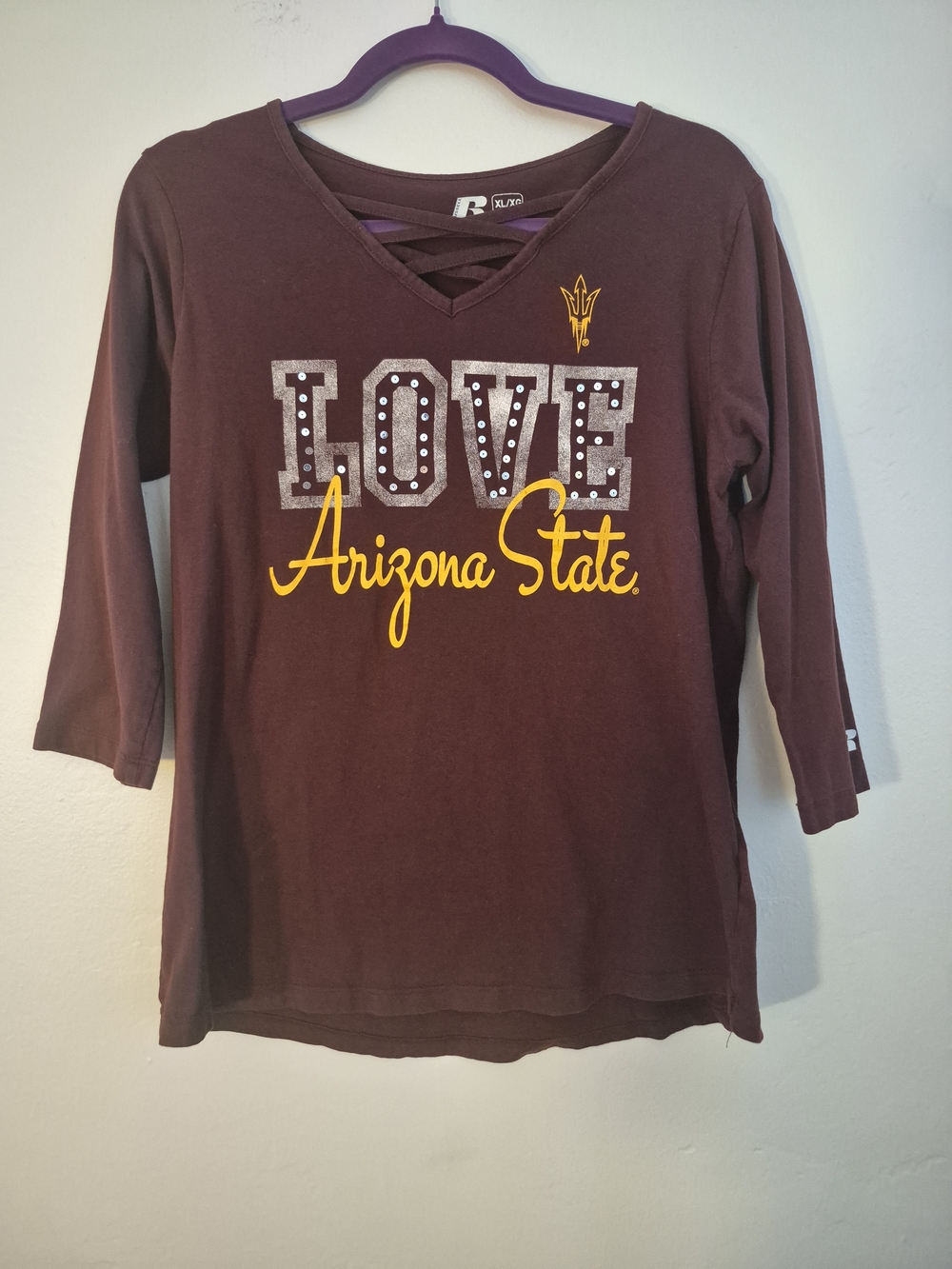 ASU XL Maroon Top Shirt Back Criss Cross Sparkle & Print